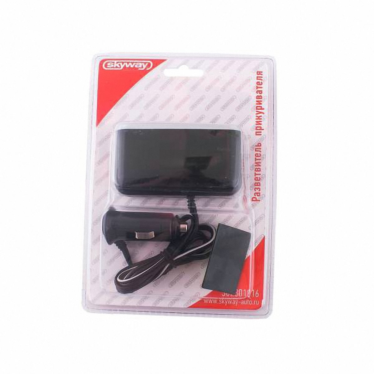Разветвитель прикуривателя(2 гнезда) + 1 USB предохр. 10А черный SkyWay (S02301016)