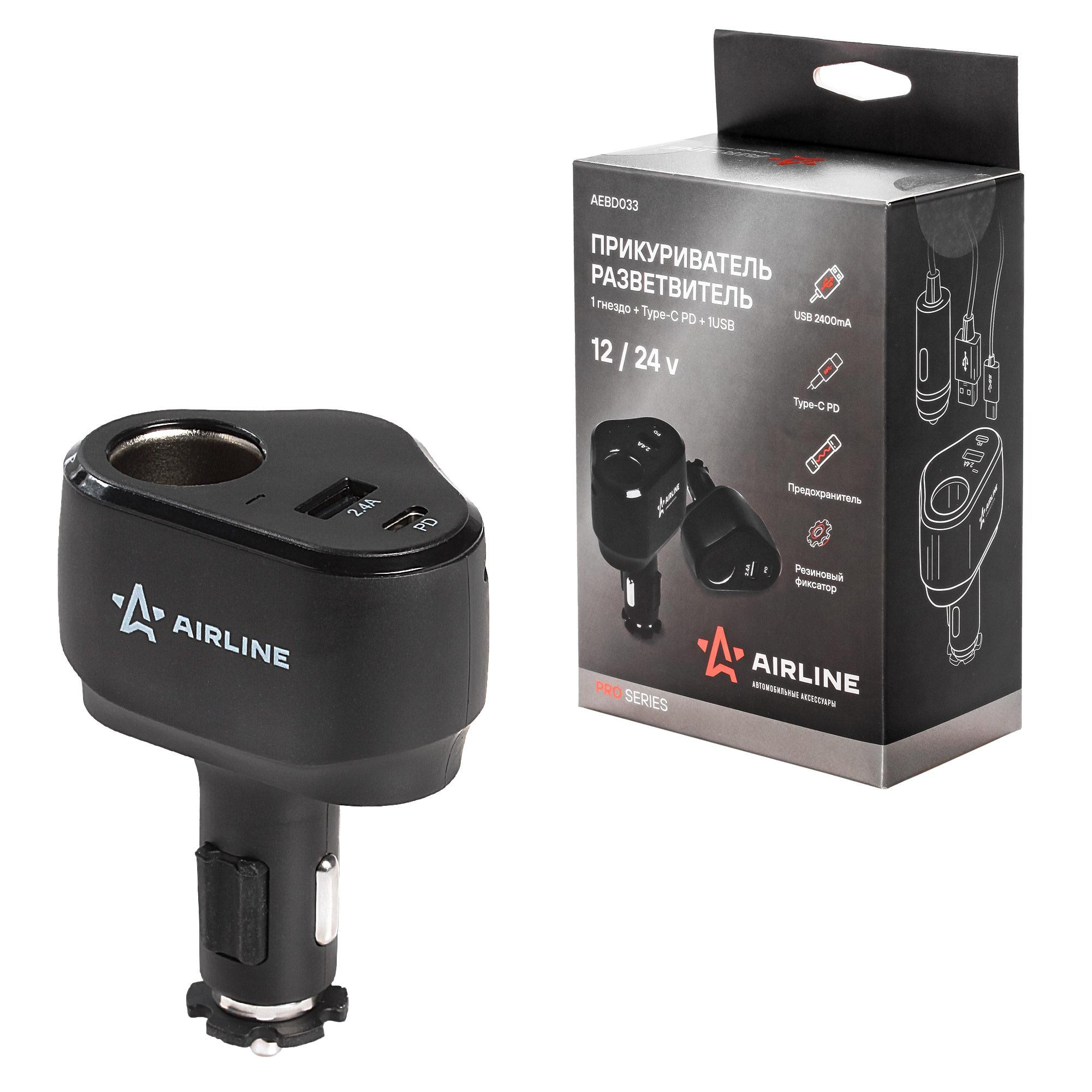 Разветвитель прикуривателя 1 гнездо + Type-C PD + 1USB 2.4A 30Вт PRO Airline (AEBD033)